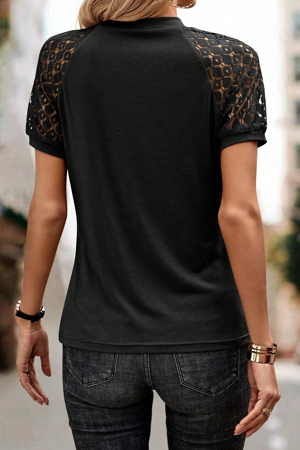 Black Seamed Detail Contrast Lace Raglan Sleeve Tee