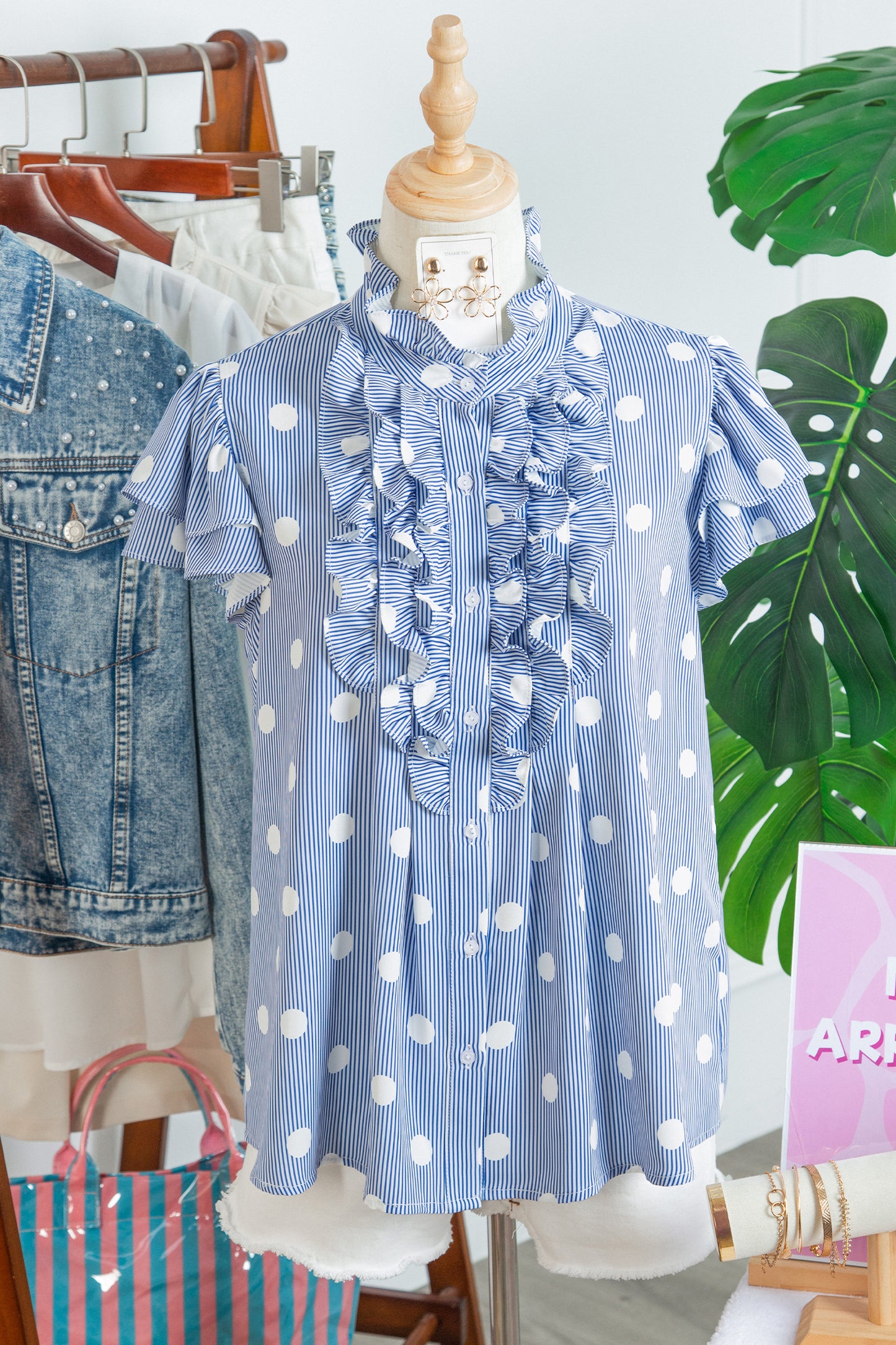 Sky Blue Stripe Contrast Polka Dot Print Pleated Ruffle Sleeve Shirt