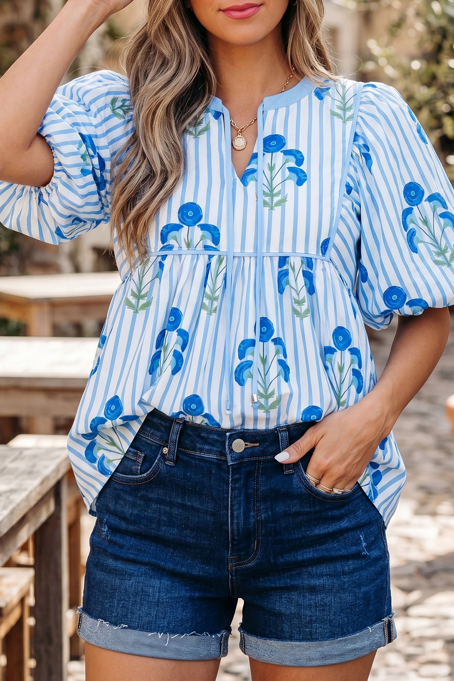 Sky Blue Floral Print Tie Neck Puff Sleeve Blouse