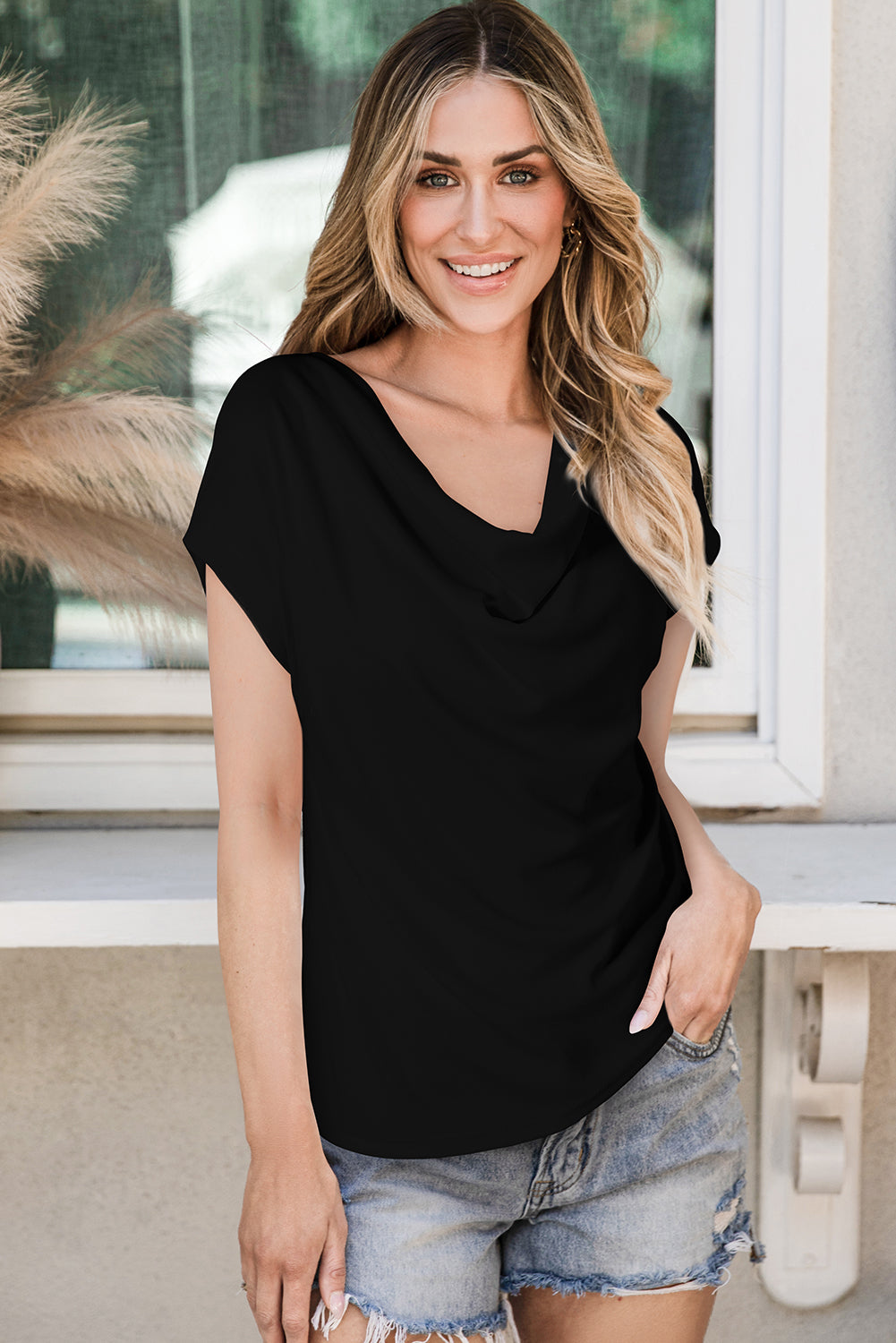 Black Cowl Neck Bat Sleeve T Shirt