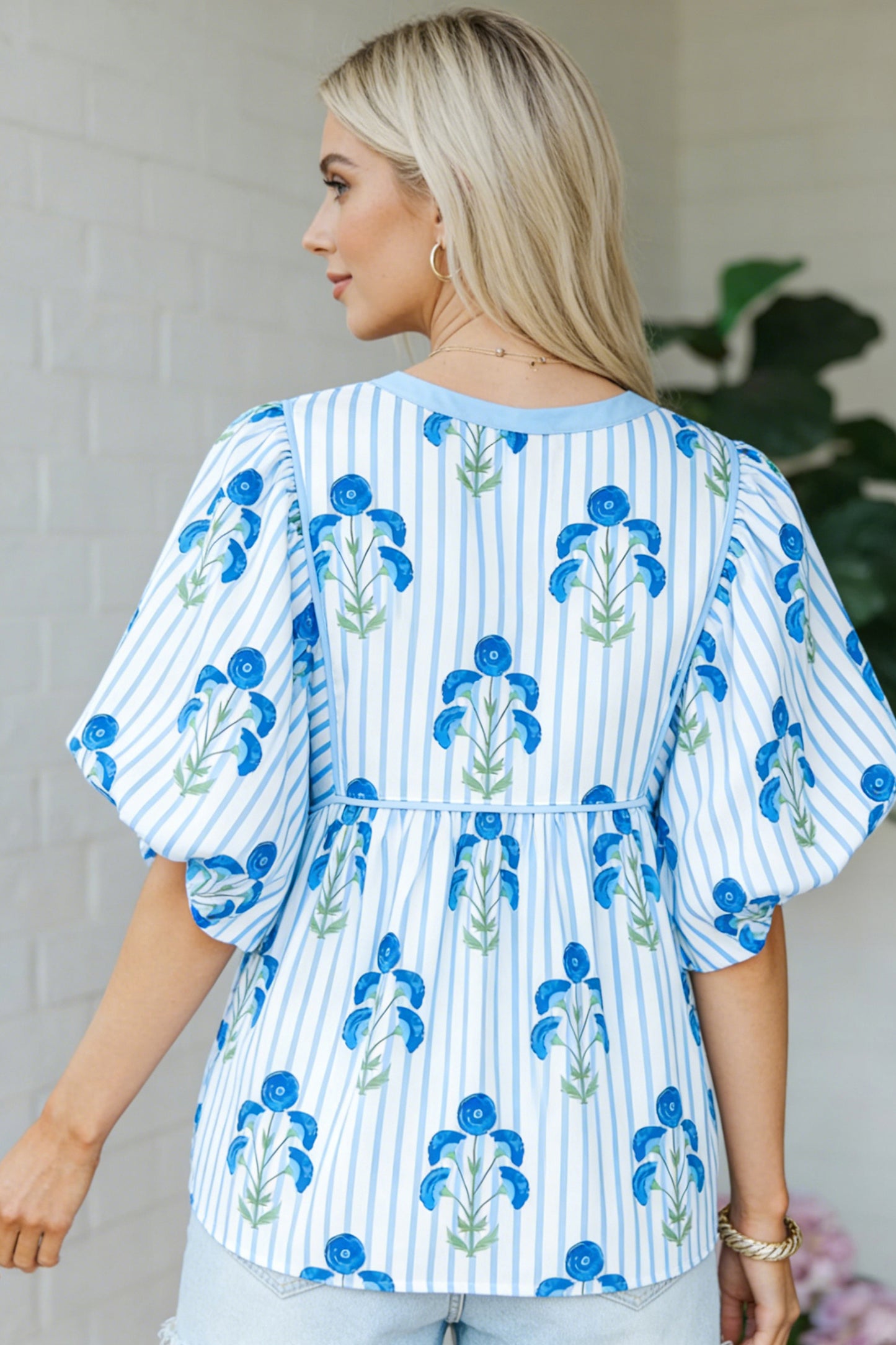 Sky Blue Floral Print Tie Neck Puff Sleeve Blouse
