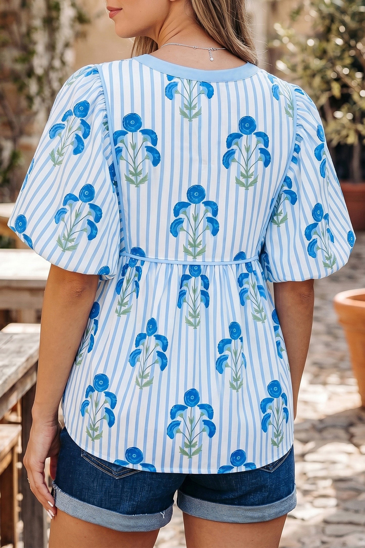 Sky Blue Floral Print Tie Neck Puff Sleeve Blouse