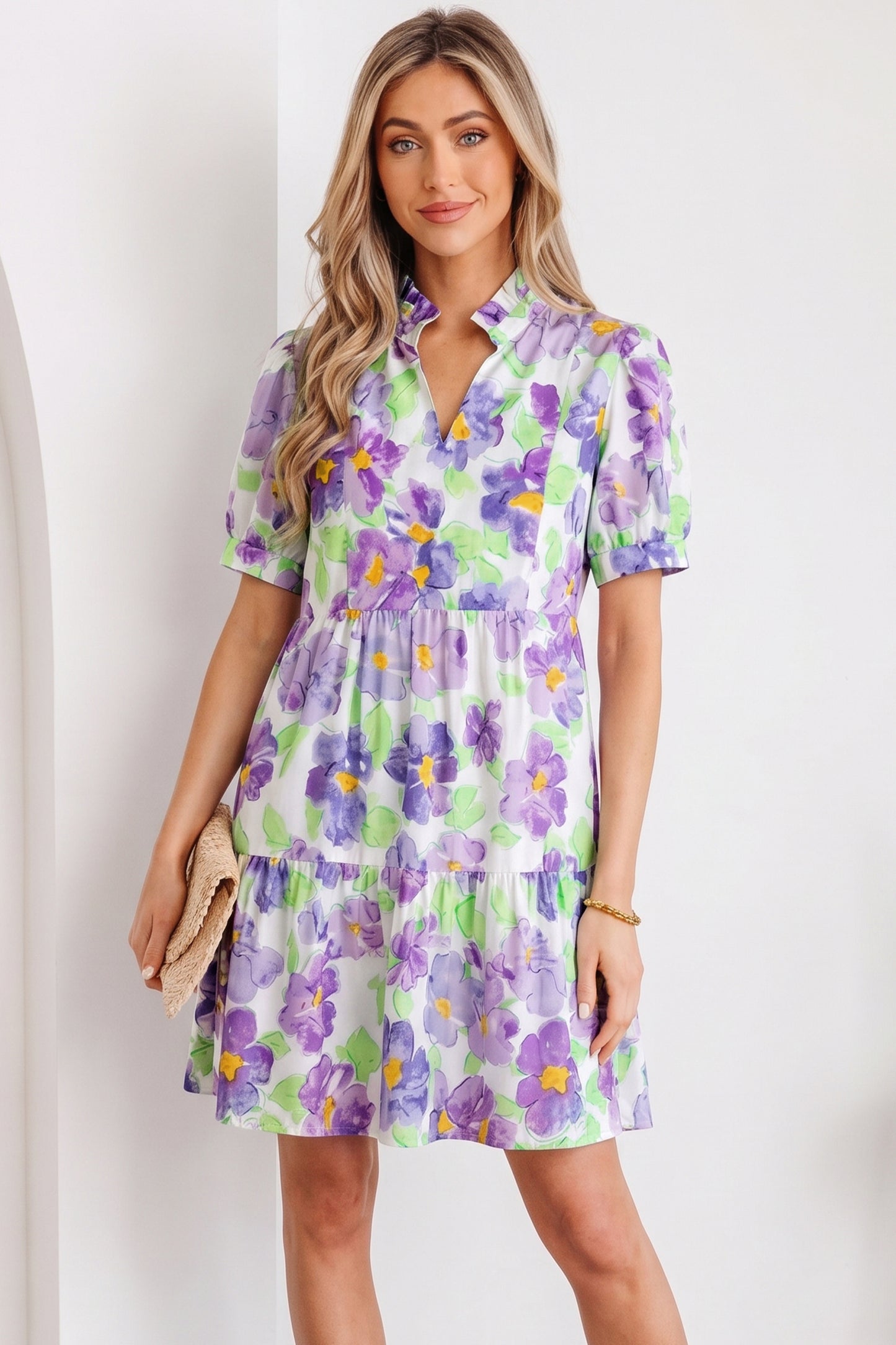 Purple Floral V Collar Short Sleeve Tiered Ruffle Mini Dress