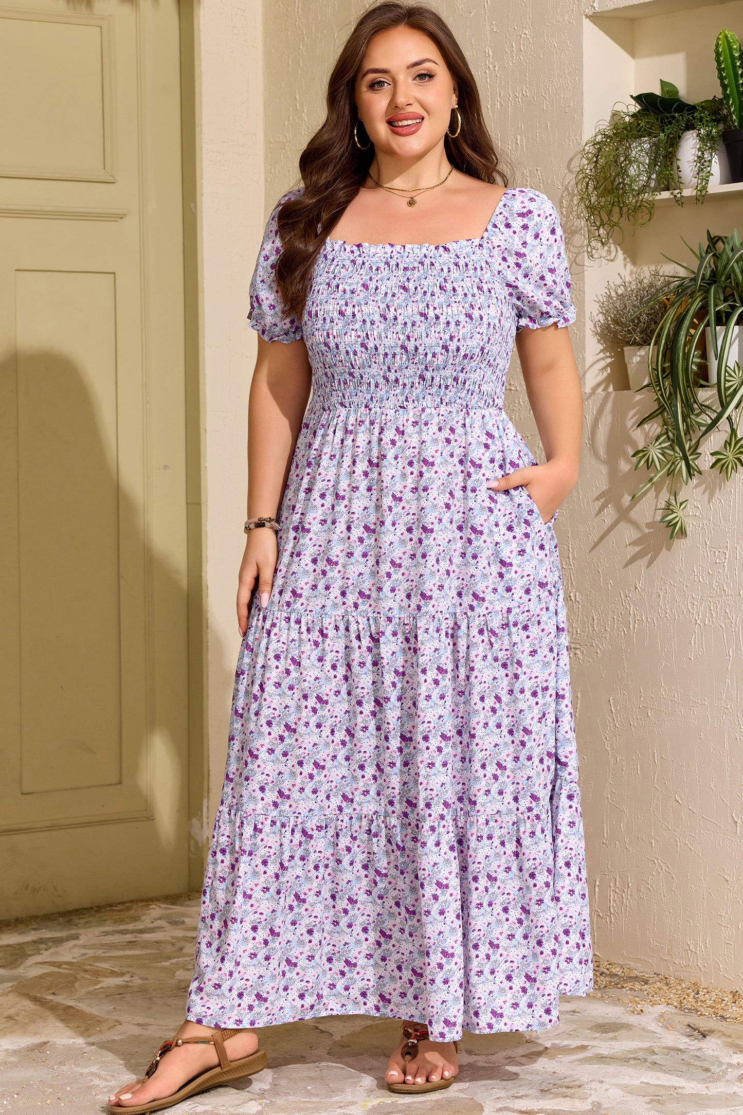 Purple Plus Size Floral Print Square Neck Smocked Maxi Dress
